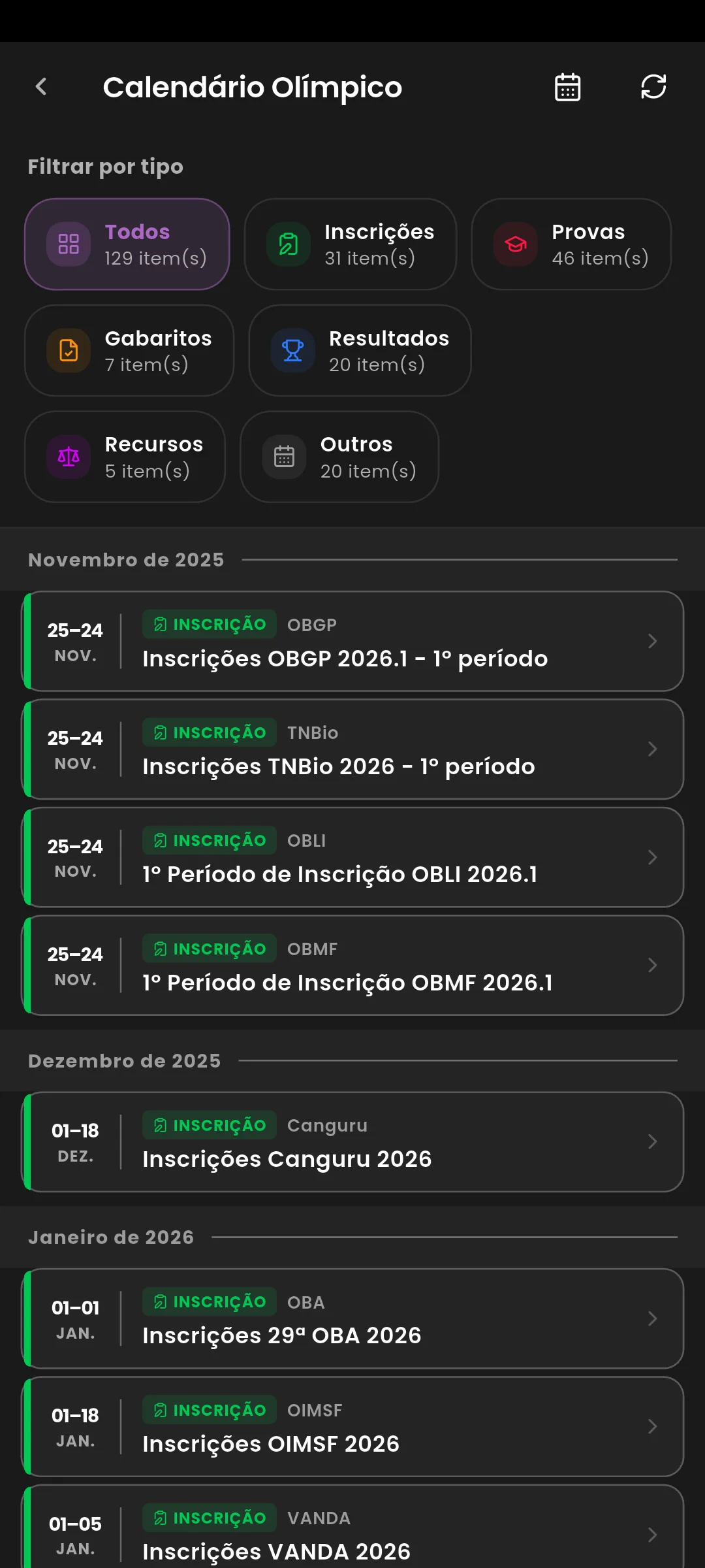 Lista do calendário olímpico com datas de inscrição de OBGP, TNBio e OBLI