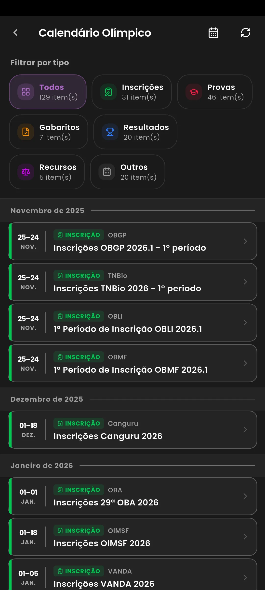 Calendário olímpico
